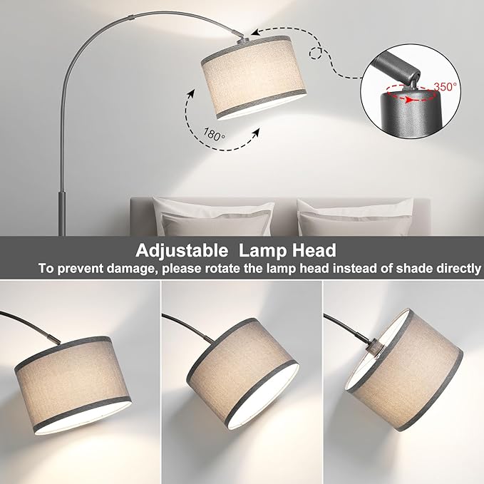 Arc Floor Lamp, Modern Floor Lamp for Living Room with Adjustable Lamp Head, Tall Pole Lamp with Gray Lampsahde and On/Off Pedal Switch, Over Couch Reading Light for Bedroom, Office, Study Room