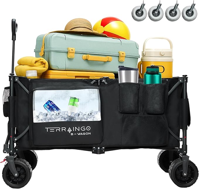 TerrainGO Foldable Utility Wagon Cart with Interchangeable All Terrain Wheels Patent Pending Collapsible Beach Wagon - Camping Essentials with Cooler Pouch, Storage Pockets, and Cup Holders