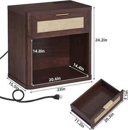 LEYAOYAO Rattan Nightstand with Charging Station, Walnut Night Stand with Drawer, 23" Wide Boho Bedside Table with Storage Shelf, Bed Side End Tables for Bedroom, Living Room, Hallway