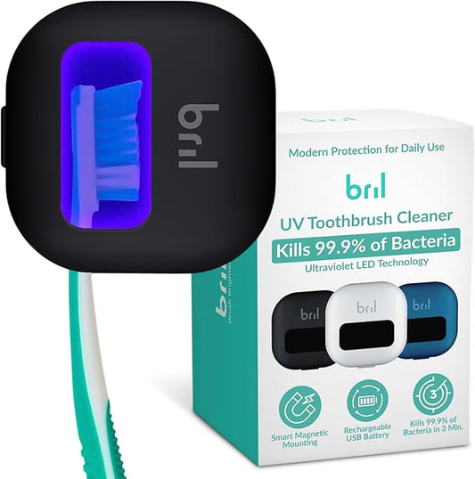 Bril UV-C Toothbrush Sanitizer and Holder – Wall Mounted, Rechargeable, 30-Day Battery, Magnetic Mount, Fits Electric and Manual Brushes, Portable Travel Case, Auto-Shutoff – Black