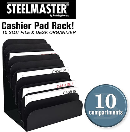 BankSupplies STEELMASTER Steel Cashier Pad Rack, 10-Slot Desktop File & Paper Organizer, Black Powder-Coated Finish, Scratch & Chip-Resistant, Deposit Slips, Checks & Forms Organizer