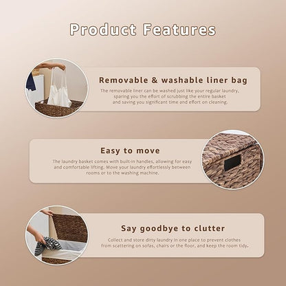 Laundry Hamper with Lid and Removable Liner Bag, Handwoven Natural Hyacinth Clothes Hamper with Heightened Feet, Wicker Laundry Basket for Clothes and Towels，Large, 2-sections