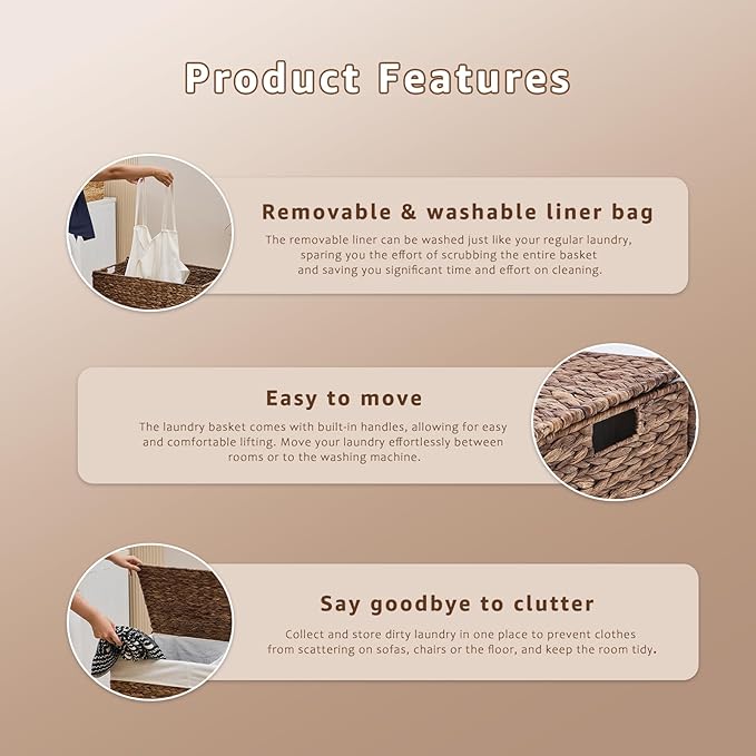 Laundry Hamper with Lid and Removable Liner Bag, Handwoven Natural Hyacinth Clothes Hamper with Heightened Feet, Wicker Laundry Basket for Clothes and Towels，Small