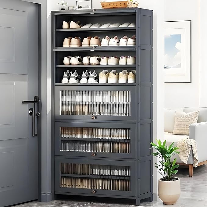 Tall Shoe Cabinet, 10 Tier Bamboo Shoe Rack with Doors, 40-45 Pairs Large Capacity Shoe Storage Cabinet Organizer, Narrow Shoe Shelf for Entryway, Hallway, Living Room