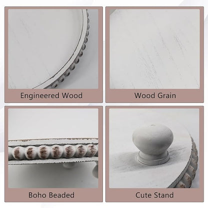 FramePro Decorative Tray 12in Round Wood Beaded - Rustic White Serving Tray Risers for Living Room, Coffee Table, Kitchen or Farmhouse Display