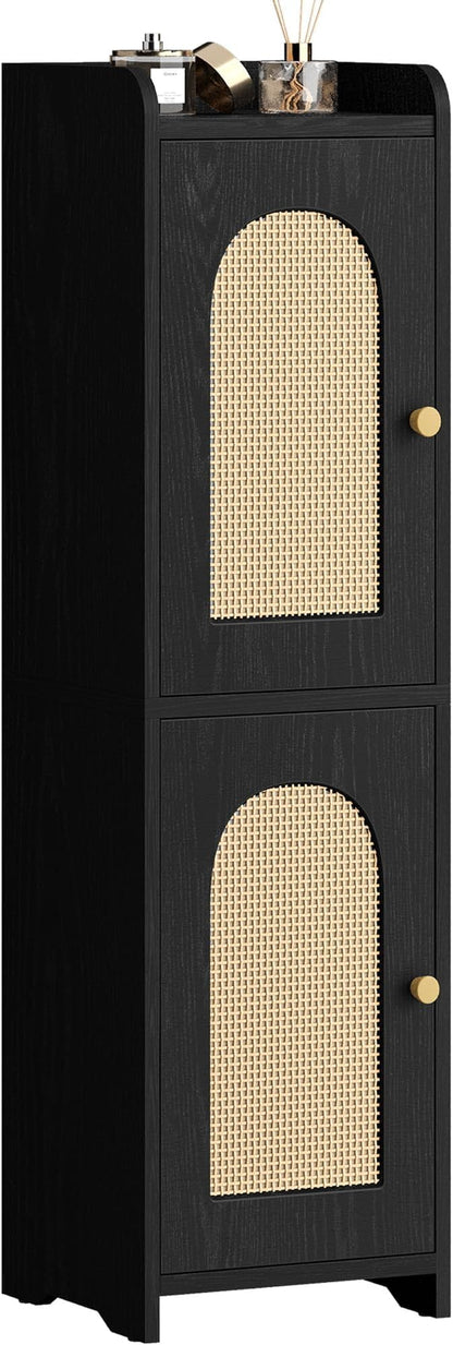 Hzuaneri Bathroom Storage Cabinet, Small Corner Floor Cabinet with 2 Doors and Adjustable Shelf, Narrow Toilet Paper Cabinets, Bathroom Organizer for Small Spaces, 7.9"D x 7.9"W x 29.5"H Rattan Black