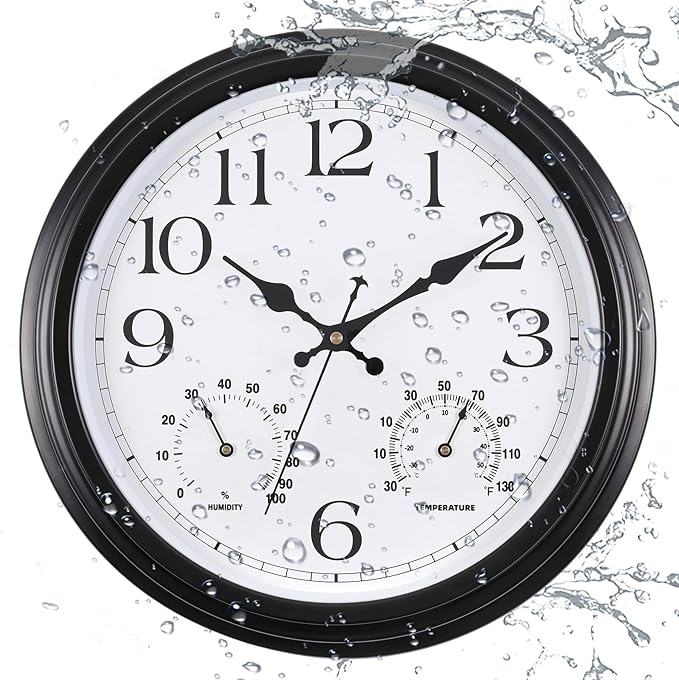 15 Inch Outdoor Clock, Black Metal-Frame Outdoor Clocks Waterproof, Silent Outdoor Wall Clock for Garden Patio Pool