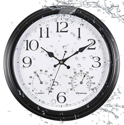 15 Inch Outdoor Clock, Black Metal-Frame Outdoor Clocks Waterproof, Silent Outdoor Wall Clock for Garden Patio Pool
