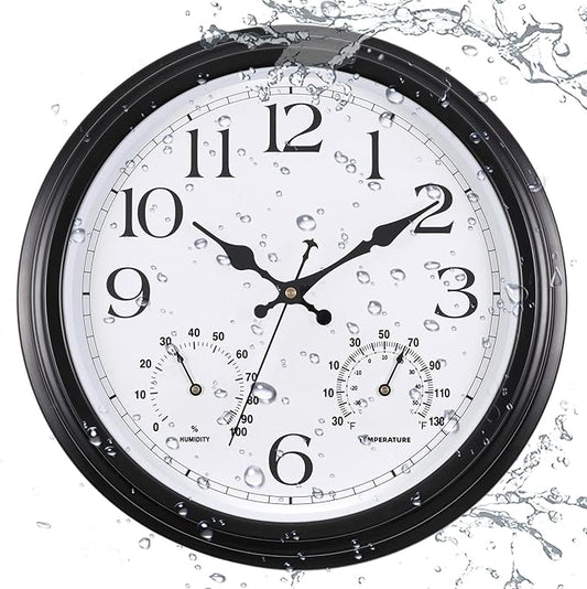 15 Inch Outdoor Clock, Black Metal-Frame Outdoor Clocks Waterproof, Silent Outdoor Wall Clock for Garden Patio Pool