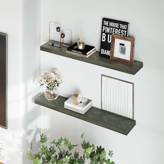 Howizz 48" Rustic Farmhouse Floating Shelves – Set of 2 Acacia Wood Shelves for Stylish Wall Decor in Kitchen, Bathroom, Unique Chevron Pattern, Mocha Color, 48x8x1.5 Inches - Set of 2 - DIY