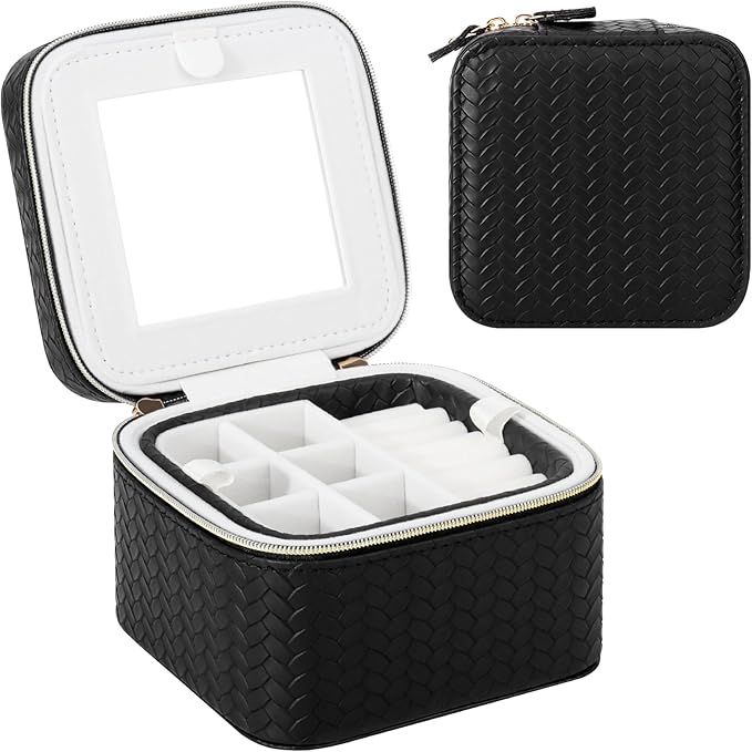 DesignSter Travel Jewelry Case for Woman, Small Travel Jewelry Box with Mirror,4.72×4.72×3.54 inches,Portable Design Travel Jewelry Organizer,Double Headed Zipper