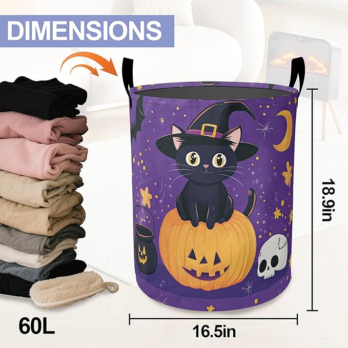 Laundry Basket,Halloween Cat Large Canvas Fabric Lightweight Storage Hamper Organizer Dirty Clothes Collapsible Waterproof for College Dorms,Bathroom