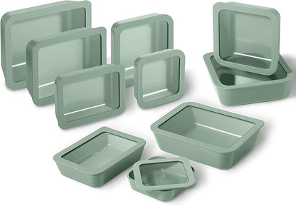 BRIVARA HOME Ceramic Coated Glass Food Storage Containers | No PTFE, PFOA, PFAS, and BPA | Reusable Non Toxic Meal Prep Containers with Glass Lids | Easy To Store | 10 Piece Set [Willow]