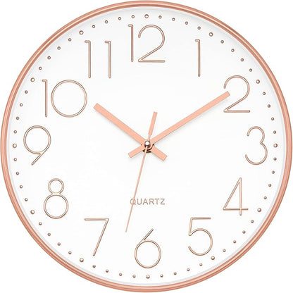 Foxtop Modern Wall Clock 12 Inch Non-Ticking Silent Battery Operated Round Quartz Rose Gold Wall Clock for Office Bedroom Living Room Kitchen Home School Decor