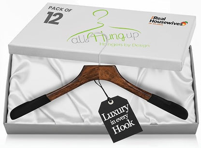 Premium Luxe Wooden Hangers for Women, Wide Shoulder Design for Dresses, Skirts, Sweaters & Blouses, Heavy Duty with Velvet Grip, Mahogany with Black Velvet, 12 pcs