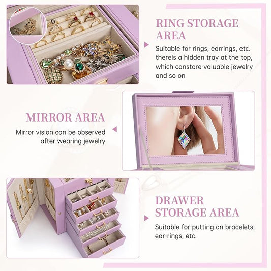 AKOZLIN 6-Tier Jewelry Box Organizer Functional 5 Drawers Leather Jewelry Storage Case for Women Girls Ring Necklace Earring Bracelet Holder Organizer with Mirror Light Purple Regular
