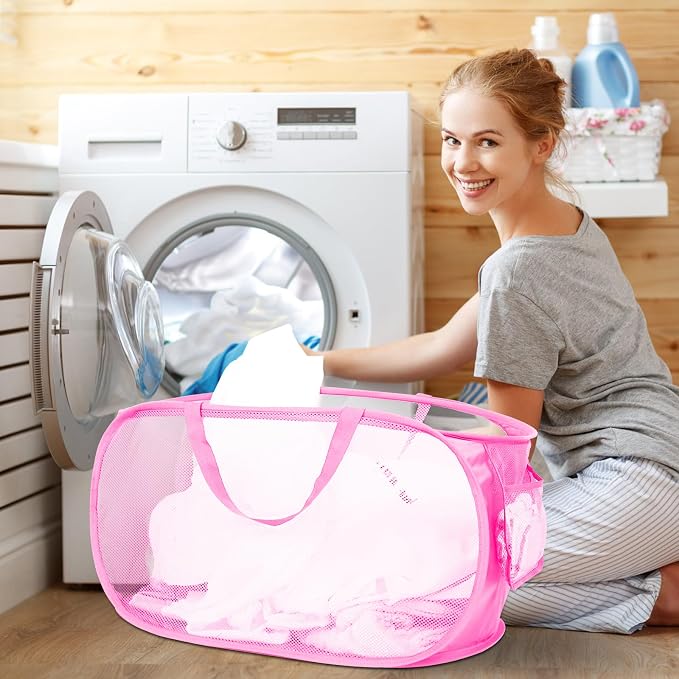 4 Pcs Durable Collapsible Laundry Baskets, Foldable Large Opening Pop Up Laundry Hamper with Pocket, Clothes Hamper with Handles for Laundry, Bathroom, Kids Room, Dorm or Travel Pink
