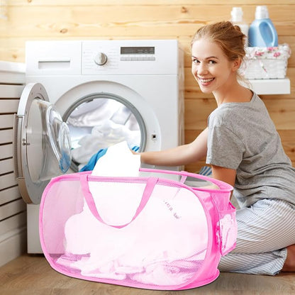 4 Pcs Durable Collapsible Laundry Baskets, Foldable Large Opening Pop Up Laundry Hamper with Pocket, Clothes Hamper with Handles for Laundry, Bathroom, Kids Room, Dorm or Travel Pink