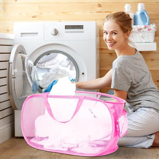 Durable Collapsible Laundry Baskets, Mesh Pop Up Laundry Hamper with Side Pocket, Foldable Clothes Hamper with Reinforced Carry Handles for Laundry, Bathroom, Kids Room, Dorm or Travel 2 Pack Pink