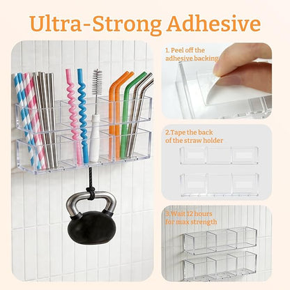 2 PACK Small Acrylic Straw Holder for Cabinet Doors, Reusable Adjustable Two-Part Straw Organizer with Ultra Sticky Adhesive Strips, 2026 Space-Saving Straw Storage for Kitchen Cupboard