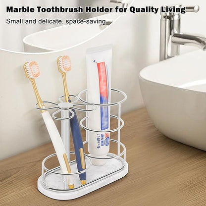 Toothbrush Holder Stand for Bathroom, Metal Toothbrush Organizer with Marble Base, Toothbrush Storage Collection for Family, Suitable for Home Hotel Countertop Vanity (Medium, Chrome Finish)