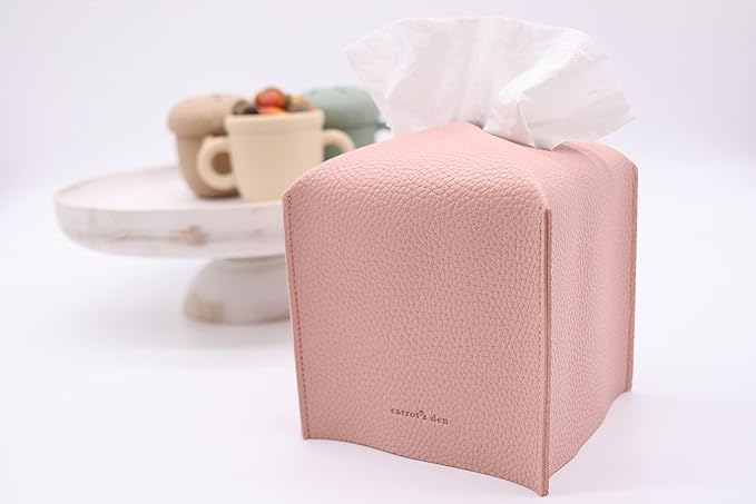 Tissue Box Cover Holder, Square with Bottom Belt by Carrot's Den - PU Leather Decorative Organizer for Tabletop, Bathroom, Car, Office | Baby Pink