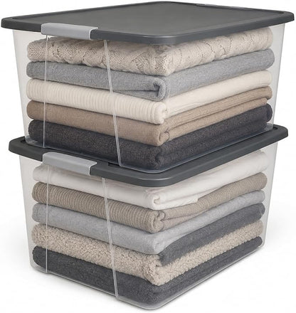 HOMZ 2-Pack Secure Latch, Clear Plastic Storage Organizer Bins, 64 Quart, Gray Lid - Heavy-Duty Container Boxes with Lids for Home, Office, and Garage