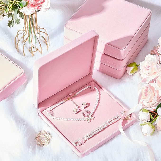 Yinkin 6 Pcs Velvet Jewelry Set Box Jewelry Display Case Earring Ring Bracelet Necklace Gift Box Pearl Necklace Storage Case for Mother's Day Wedding Travel Anniversary(Pink)