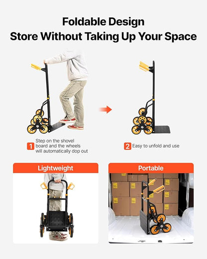 VEVOR Stair Climbing Cart 440 lbs, 330 lbs Stair-Climbing Capacity, Heavy-Duty Folding Trolley Cart with Telescoping Handle, 6 Wheels and 2 Bungee Cords for Home, Groceries, Warehouse