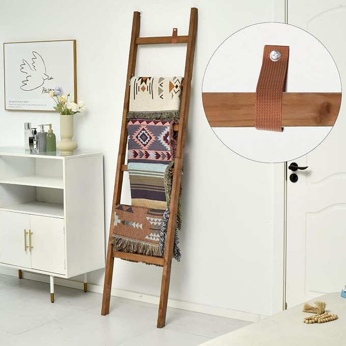 FUIN 6.4ft Extra Wide Wooden Blanket Ladder Living Room Decorative Wal Leaning Farmhouse Quilt Display Holder Rustic Wood Towel Rack for Bathroom, Brown, 18.5 inch Wide