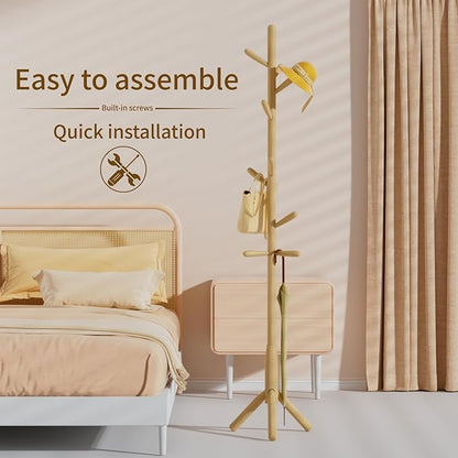 Solid Wood Coat Rack, Freestanding Tree-Shaped Coat Rack with 11 Hooks, Main Pole 1.6" dia for Clothes, Hat Stand Used in Bedroom/Office/Entryway (3-Leg Base, Natural Beige)