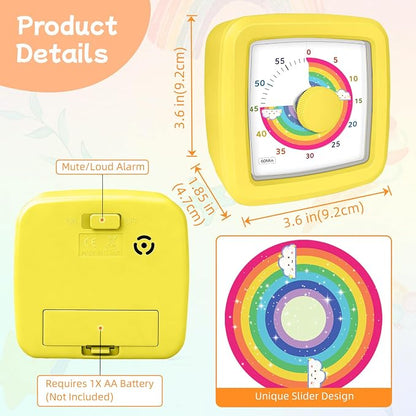 60-Minute Visual Timer for Kids, Silent Countdown Kids Visual Timer with Rainbow Design, Plastic Time Management Tool Timers for Classroom Toddler Homework Kitchen, Focus Tools for Kid,Yellow