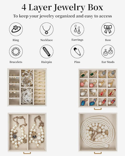 TORIBIO Jewelry Box for Women, Leather Jewelry Organizer with Mirror & Lock, 4-Tier Jewelry Storage Organizer with 3 Drawers for Girls/Women/Mothers, Necklace Earring Bracelets Holder Organizer