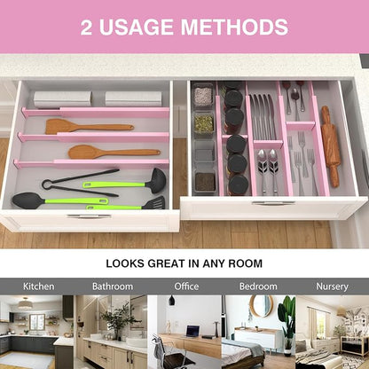 ANTOWIN Expandable Bamboo Drawer Dividers Organizers, Drawer Separators Splitter, 17-22 inches Long Adjustable Spring-loaded Organizer for Large Utensil, Clothes, Tools(Pink)