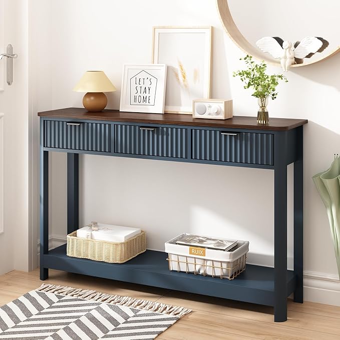 Set of 2 Console Table with Drawers, Modern 47.1" Entryway Table with Storage Shelf, Boho Narrow Skinny Behind Couch Wood Sofa Table for Living Room Hallway Entrance Foyer,Blue