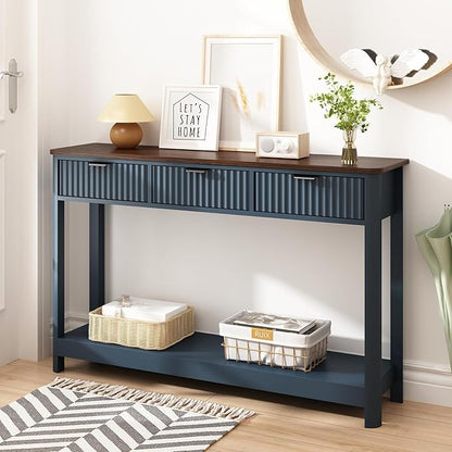 Fluted Console Table with Drawers, Modern 47.1" Entryway Table with Storage Shelf, Boho Narrow Skinny Behind Couch Wood Sofa Table for Living Room Hallway Entrance Foyer, Blue
