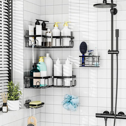 Moforoco 5-Pack Shower Caddy, L-Shaped, 10.2in Diameter, 90-Degree Right Angle, Rustproof, Easy Installation, 12 Hooks, Soap Holder, Adhesive Corner Shower Organizer, Black