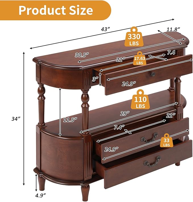 43" Retro Curved Console Table with Drawers, Solid Wood Half Moon Console Table Entry Sofa Table with Storage with Solid Pine Roman Legs Open Shelf for Small Spaces Living Room,Cherry