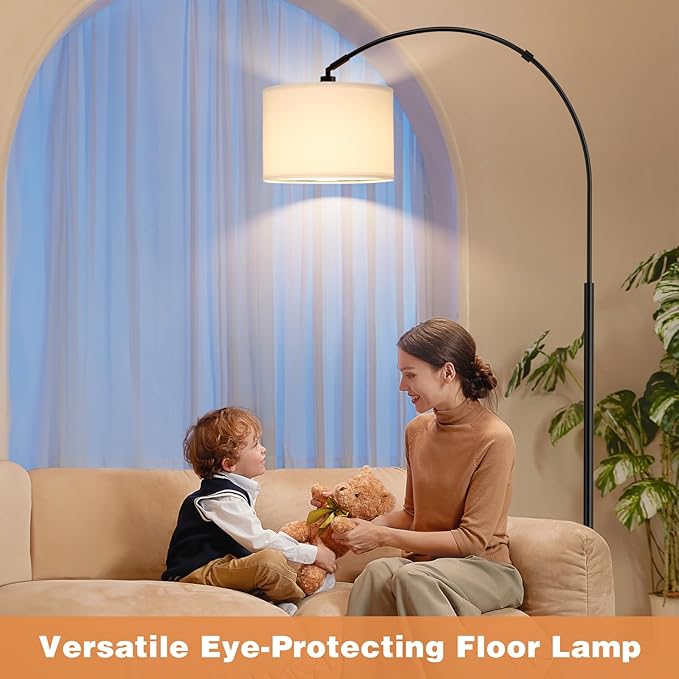 Ambimall Dimmable Arc Floor Lamp with Remote, Color Temperatures and Brightness Adjustable, Arched Floor Lamp with Rotating Head, Over Couch Arched Reading Light for Living Room (White and Black)