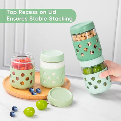 MICEBAY 16oz Overnight Oats Containers with Silicone Sleeves, 4-Pack Wide Mouth Glass Mason Salad Jars with Airtight Lids, BPA-Free Dishwasher Safe Leak-Proof Chia Seed Pudding Jar Meal Prep Container