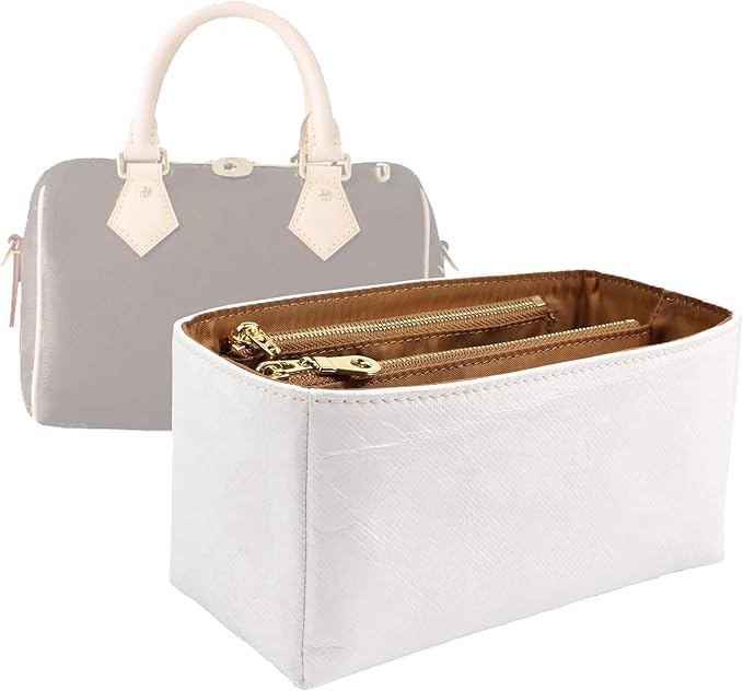 Purse Organizer Insert for handbag，Dupont paper Ultra-Light weight Bag Organizer Insert for LV Speedy 20 Waterproof (Small-white brown)