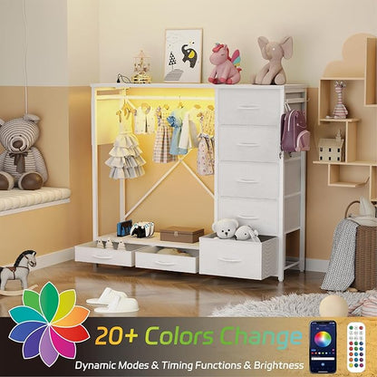 Dresser with Hanging Rack, Dresser for Bedroom with Led Lights and Charging Station, 7 Drawers Storage Chest with Hooks and Clothes Rack, Nursery White