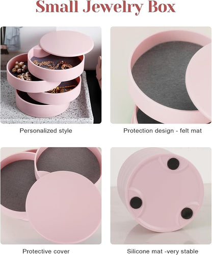 CONBOLA Jewelry Organizer, Small Jewelry Storage Box Earring Holder for Women, 4-Layer Rotating Travel Jewelry Tray Case with Lid for Bracelets Rings Bracelets, Gift for Women Teen Girls