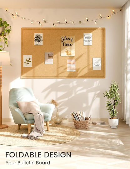 Fluxynara Large Bulletin Board, 59" x 35.4" Cork Board Alternative with 24 Safe Removable Adhesive Tabs, Foldable Felt Pin Board for Home Office, Classroom, Bedroom,Entryway for Walls— Mustard Yellow