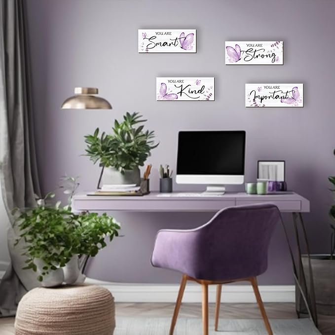 DONFENTHY 4 Pcs Butterfly Wall Decor Purple Room Decor Wooden Positive Butterfly Inspirational Word Sign for Teen Girls Women Bathroom Bedroom Office(Purple,10x4 Inch)