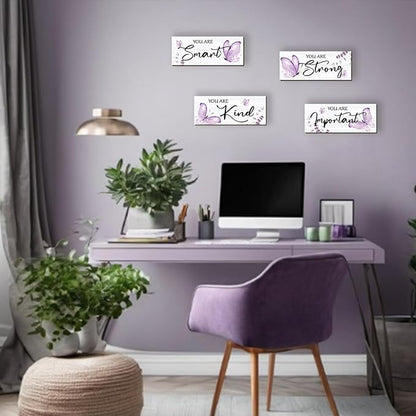 DONFENTHY 4 Pcs Butterfly Wall Decor Purple Room Decor Wooden Positive Butterfly Inspirational Word Sign for Teen Girls Women Bathroom Bedroom Office(Purple,10x4 Inch)