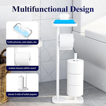 Kitsure Toilet Paper Holder Free Standing – Rustproof Metal Toilet Paper Stand for 4 Rolls with Anti-Slip Base and Shelf for Phone & Small Items, Bathroom Organizers and Storage, Medium, White