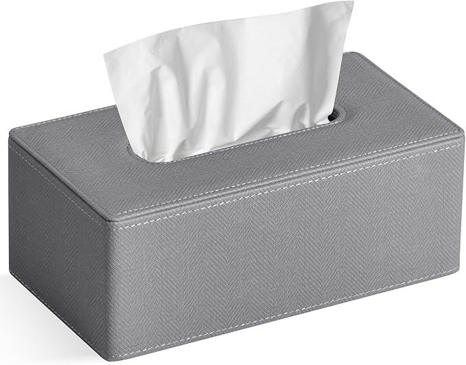 GOLRANLYE Tissue Box Cover Rectangular 9.8"(L) x 5.3"(W) x 4.3"(H) Refined Modern PU Leather Facial Tissue Dispenser Box Holder for Dresser Bathroom Decorative (Linen Grey)