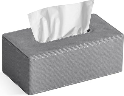 GOLRANLYE Tissue Box Cover Rectangular 9.8"(L) x 5.3"(W) x 4.3"(H) Refined Modern PU Leather Facial Tissue Dispenser Box Holder for Dresser Bathroom Decorative (Linen Grey)