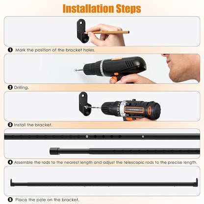 Oval Closet Rod for Hanging Clothes, Adjustable Heavy Duty Closet Rods with End Supports, 18 to 51 Inch Black Clothing Pole for Wardrobes, Laundry, RV